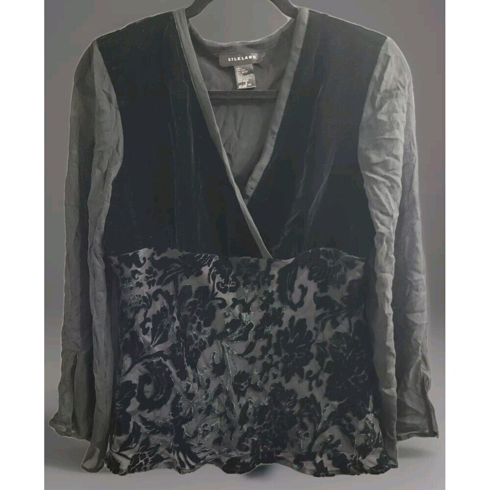 VTG Silkland Sz 8 Black Floral Burnout Bell Sleeve Top Y2K Fairy Whimsigoth